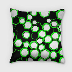 Подушка квадратная Бело-зелёные шестиугольники на чёрном фоне