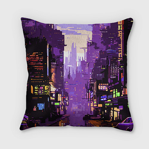 Подушка квадратная Киберпанк город фиолетовый / 3D-принт – фото 2