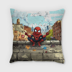 Подушка квадратная Маленький человек-паук в городе, цвет: 3D-принт