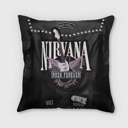 Подушка квадратная Косуха рокерская с нашивками Nirvana / 3D-принт – фото 2