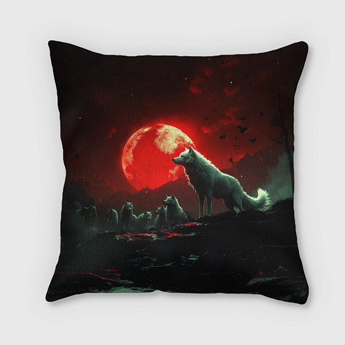 Подушка квадратная Белый волк на фоне красной луны / 3D-принт – фото 2