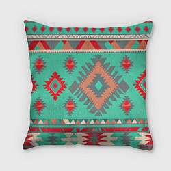 Подушка квадратная Оранжево бирюзовый геометрический узор в стиле ацт, цвет: 3D-принт