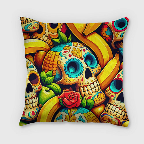 Подушка квадратная Colorfull skulls and bananas - pop art pattern / 3D-принт – фото 2