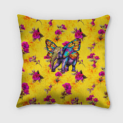 Подушка квадратная Слон с крыльями бабочки на цветочном фоне, цвет: 3D-принт