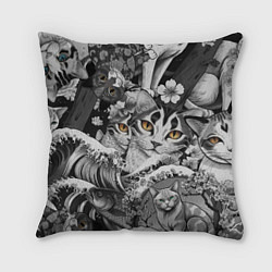 Подушка квадратная С котами и рыбой на фоне сакуры в волнах, цвет: 3D-принт