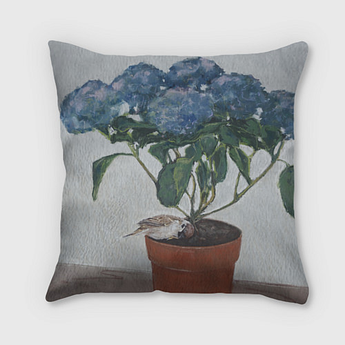 Подушка квадратная Спящий воробушек на гортензии / 3D-принт – фото 2