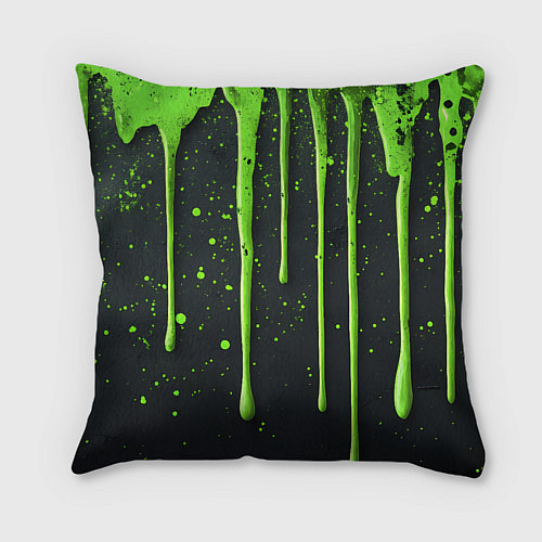 Подушка квадратная Зеленая краска стекающая на черном фоне / 3D-принт – фото 2