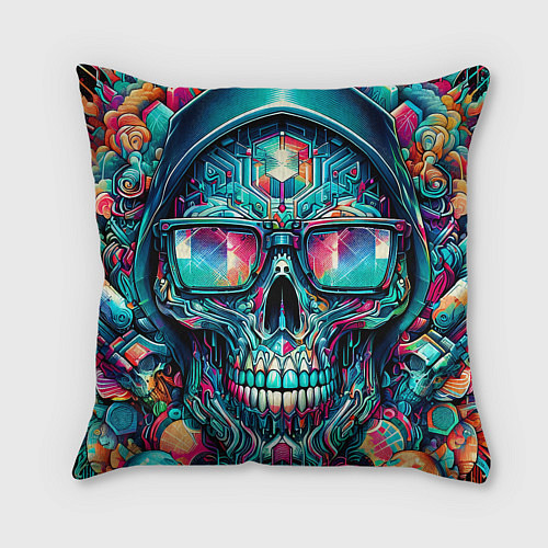 Подушка квадратная Кибер череп в балахоне и очках - нейроарт фантазия / 3D-принт – фото 2