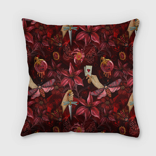 Подушка квадратная Бордовая готика с сердцем, лилиями и мотыльками / 3D-принт – фото 2