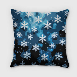 Подушка квадратная Стилизованный паттерн со снежинками тёмно-синий, цвет: 3D-принт