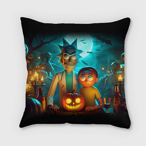 Подушка квадратная Morty and Rick with pumpkin - neon halloween / 3D-принт – фото 2