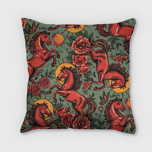 Подушка квадратная Красный конь и розы / 3D-принт – фото 2