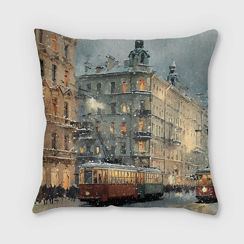 Подушка квадратная Трамваи в зимнем Санкт-Петербурге / 3D-принт – фото 2