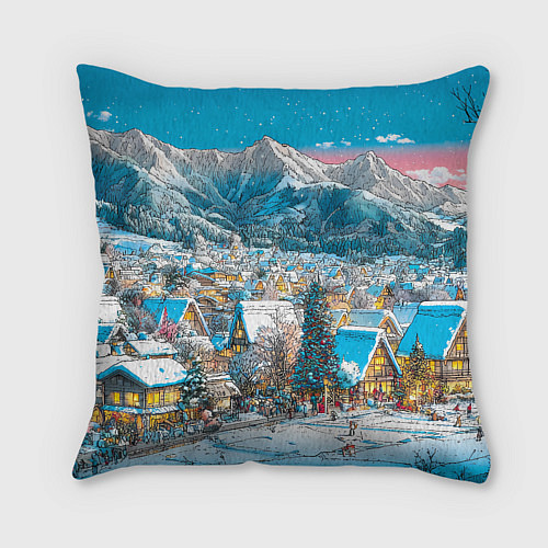 Подушка квадратная Новогодняя деревушка в горах / 3D-принт – фото 2