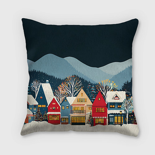 Подушка квадратная Новогодний городок в горах / 3D-принт – фото 2