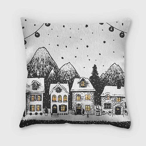 Подушка квадратная Черно-белый новогодний город / 3D-принт – фото 2