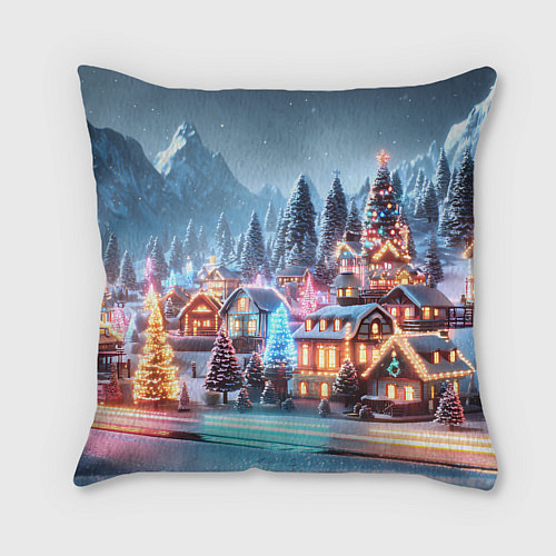 Подушка квадратная Городок в новогодних огоньках / 3D-принт – фото 2