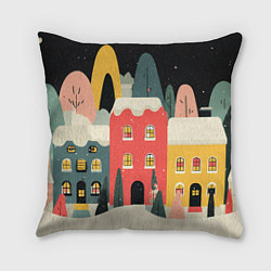 Подушка квадратная Разноцветные новогодние дома