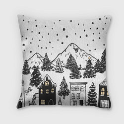 Подушка квадратная Заснеженный черно-белый город, цвет: 3D-принт
