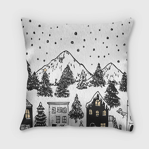 Подушка квадратная Заснеженный черно-белый город / 3D-принт – фото 2