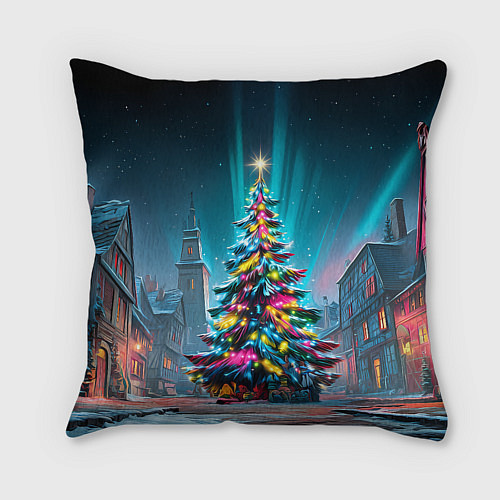 Подушка квадратная Новогодняя елка в гирляндах / 3D-принт – фото 2