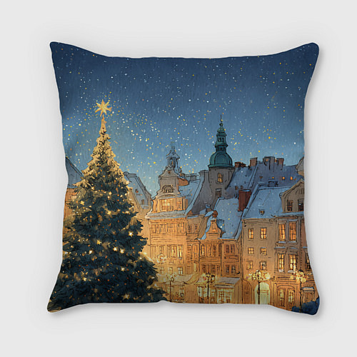 Подушка квадратная Новый год в старом городе / 3D-принт – фото 2