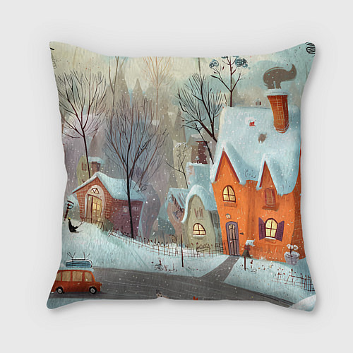 Подушка квадратная Милый новогодний дворик / 3D-принт – фото 2