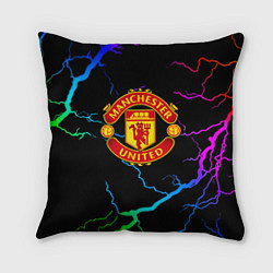 Подушка квадратная Манчестер Юнайтед неоновые молнии, цвет: 3D-принт