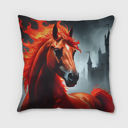 Подушка квадратная Огненная лошадь на сером / 3D-принт – фото 2