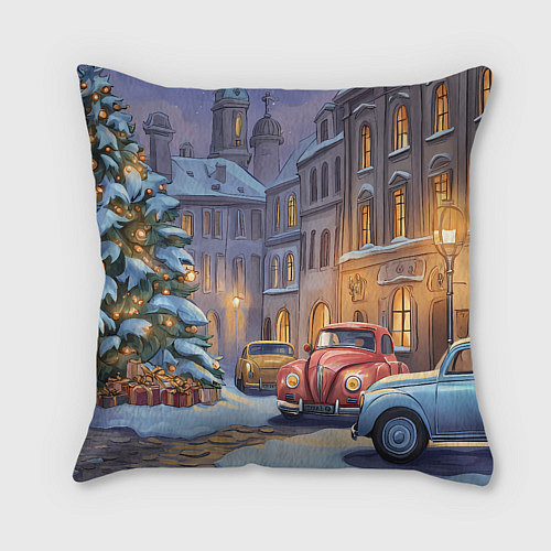 Подушка квадратная Новогодний снежный двор / 3D-принт – фото 2