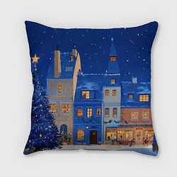 Подушка квадратная Синяя новогодняя елочка во дворе