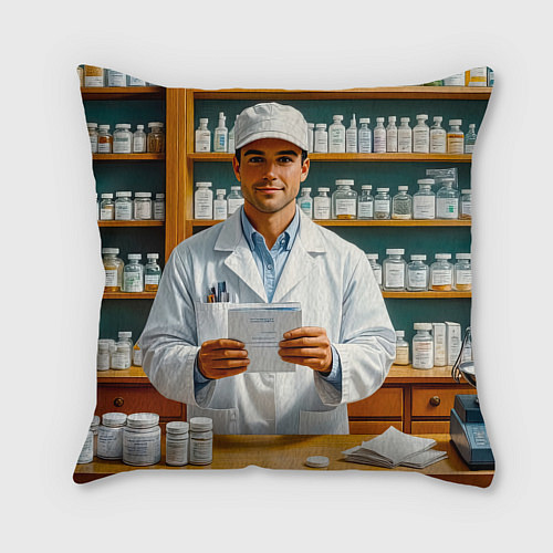 Подушка квадратная Фармацевт у аптечных полок / 3D-принт – фото 2