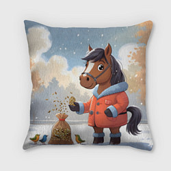 Подушка квадратная Лошадка на зимней прогулке