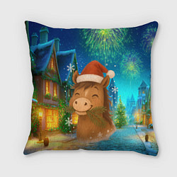 Подушка квадратная Новогодняя лошадка жует елочные ветки