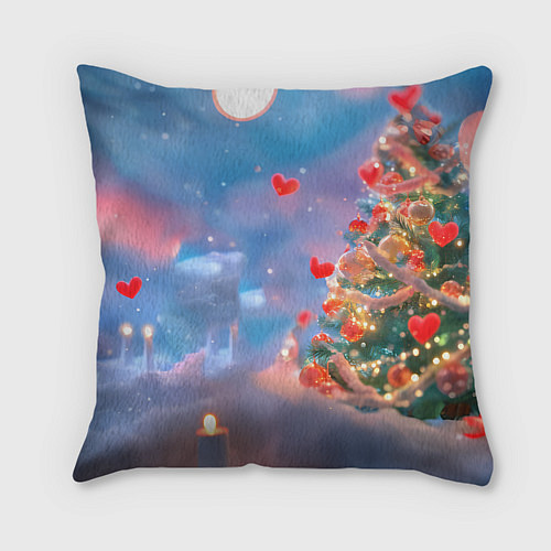 Подушка квадратная Рыжий котенок в сердечках у елочки / 3D-принт – фото 2