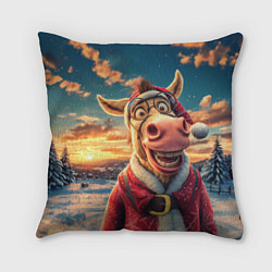 Подушка квадратная Новогодняя комическая лошадь в лесу, цвет: 3D-принт