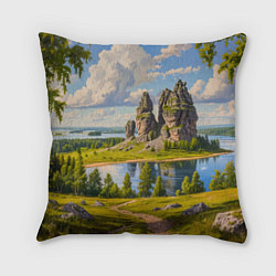 Подушка квадратная Скалы у озера: песнь лета, цвет: 3D-принт