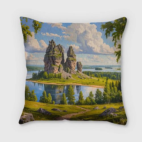 Подушка квадратная Скалы у озера: песнь лета / 3D-принт – фото 2