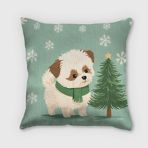 Подушка квадратная Новогодний песик с елочкой / 3D-принт – фото 2