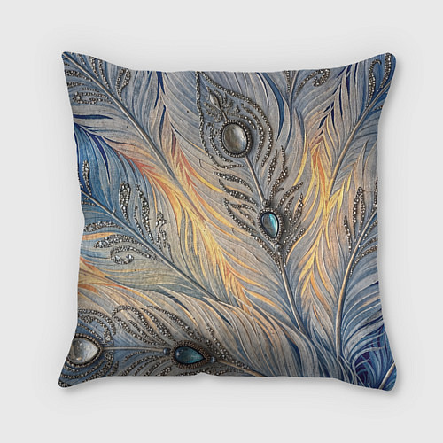 Подушка квадратная Синие перья с самоцветами / 3D-принт – фото 2