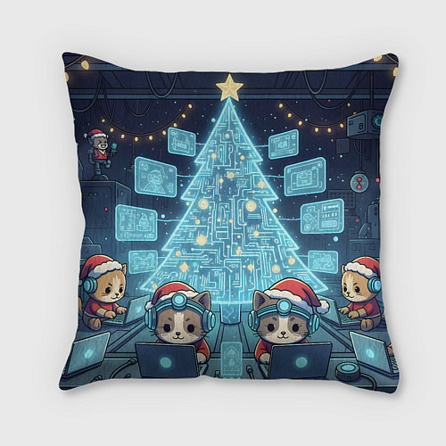 Подушка квадратная Новогодние котики айтишники / 3D-принт – фото 2