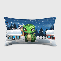 Подушка-антистресс Маленький зеленый новогодний дракон на фоне снега