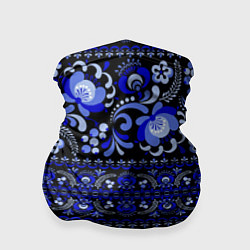 Бандана-труба Новогодняя гжельская роспись цветами на чёрном фон, цвет: 3D-принт