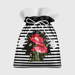 Мешок для подарков Акварельные красные маки на черно-белом полосатом, цвет: 3D-принт