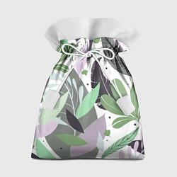 Мешок для подарков Зелёные, серые, голубые, сиреневые листья на белом, цвет: 3D-принт