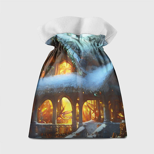 Подарочный мешок Новогодний коттедж с гирляндами в заснеженном лесу / 3D-принт – фото 2