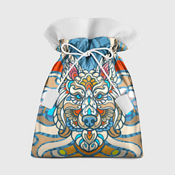 Мешок для подарков Волк в узорах на нежном цветочном фоне, цвет: 3D-принт