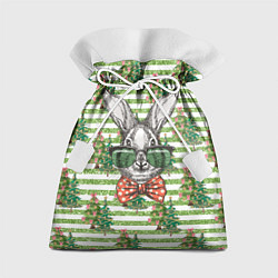 Мешок для подарков Кролик в очках на фоне елок, цвет: 3D-принт