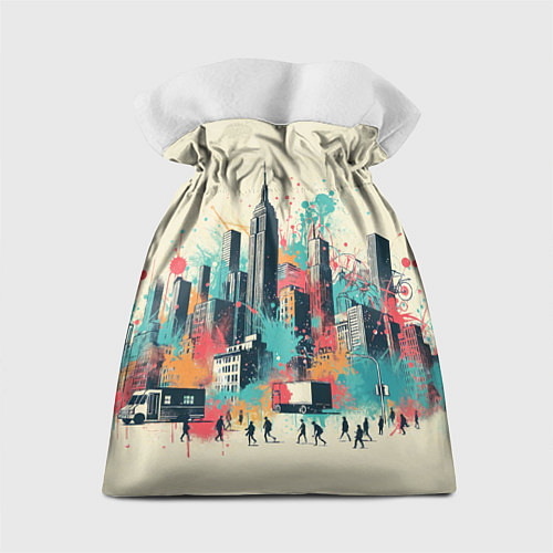 Подарочный мешок Силуэты людей и небоскребов в брызгах краски / 3D-принт – фото 2