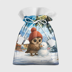 Мешок для подарков Совушка в шапочке лепит снеговика, цвет: 3D-принт
